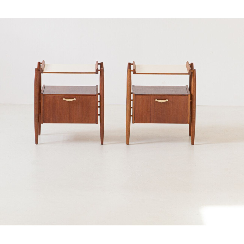 Pair of Teak and brass Bedside Tables, Italy, 1950s