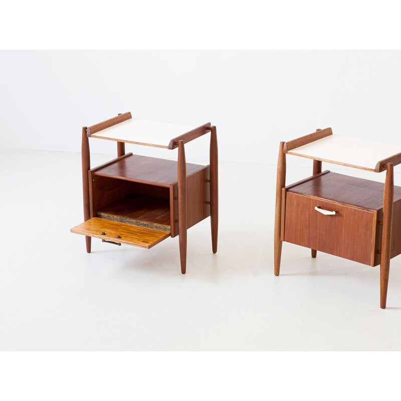 Pair of Teak and brass Bedside Tables, Italy, 1950s