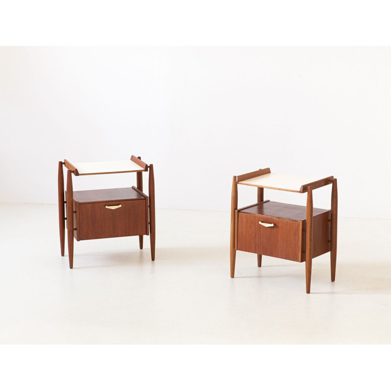 Pair of Teak and brass Bedside Tables, Italy, 1950s