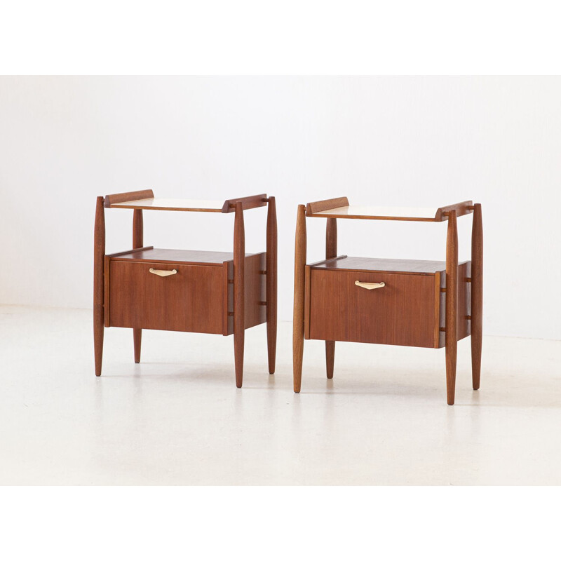 Pair of Teak and brass Bedside Tables, Italy, 1950s