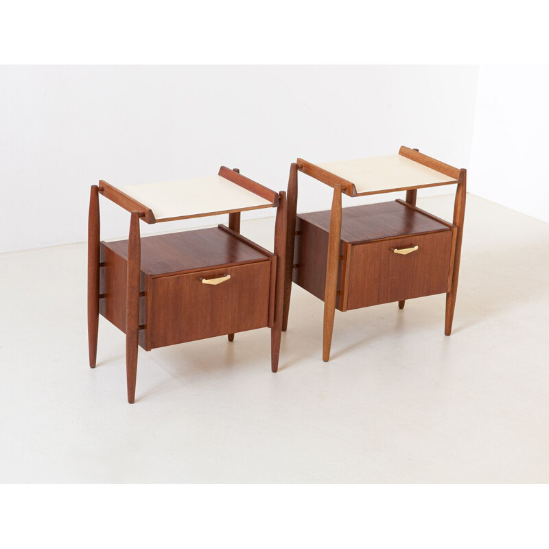 Pair of Teak and brass Bedside Tables, Italy, 1950s