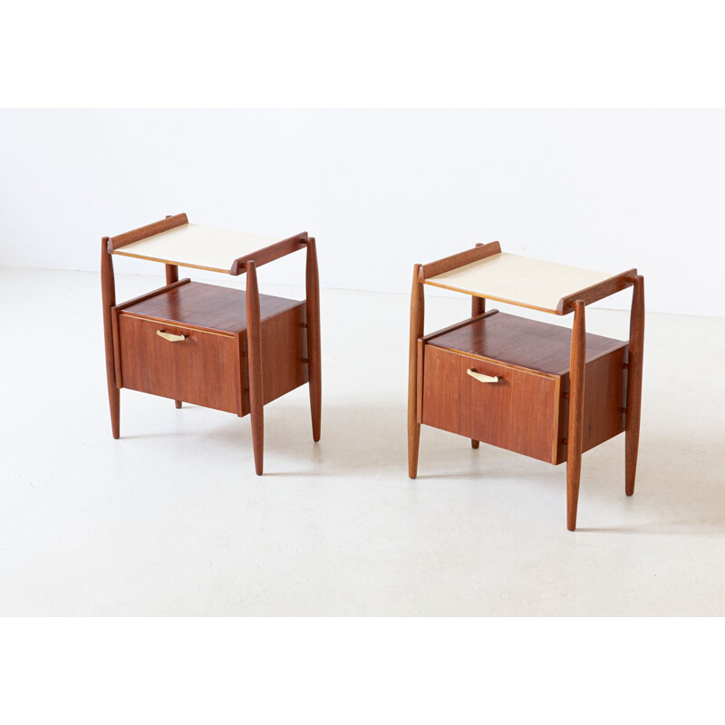Fully Restored Pair of Italian Teak and brass Bedside Tables