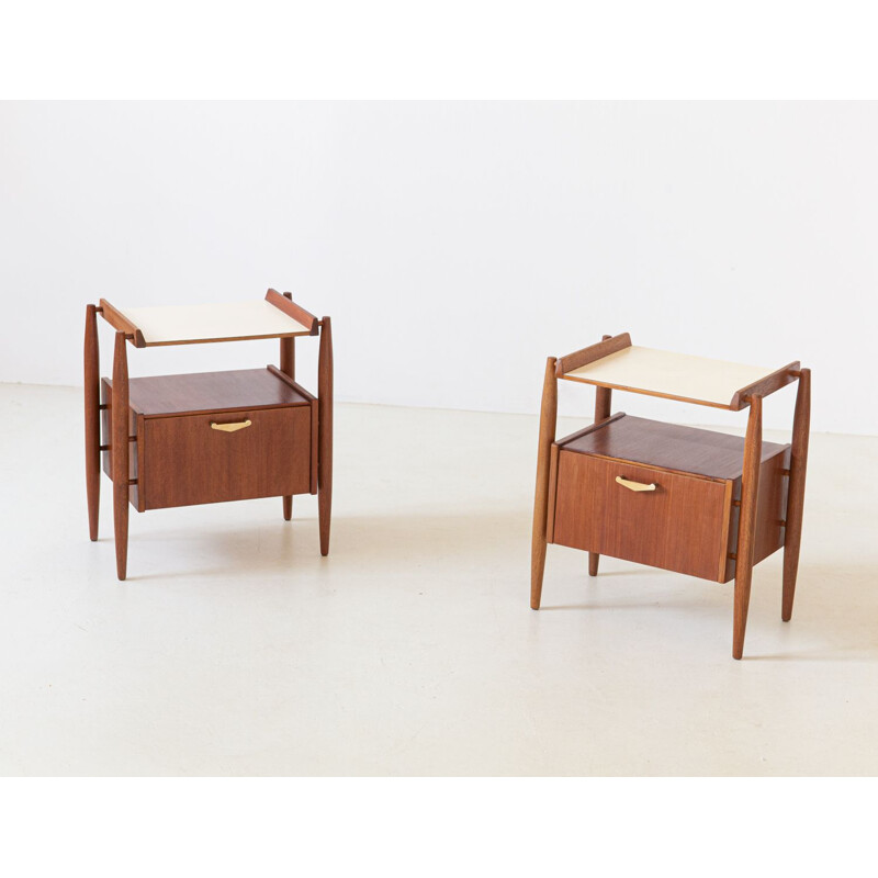 Pair of Teak and brass Bedside Tables, Italy, 1950s