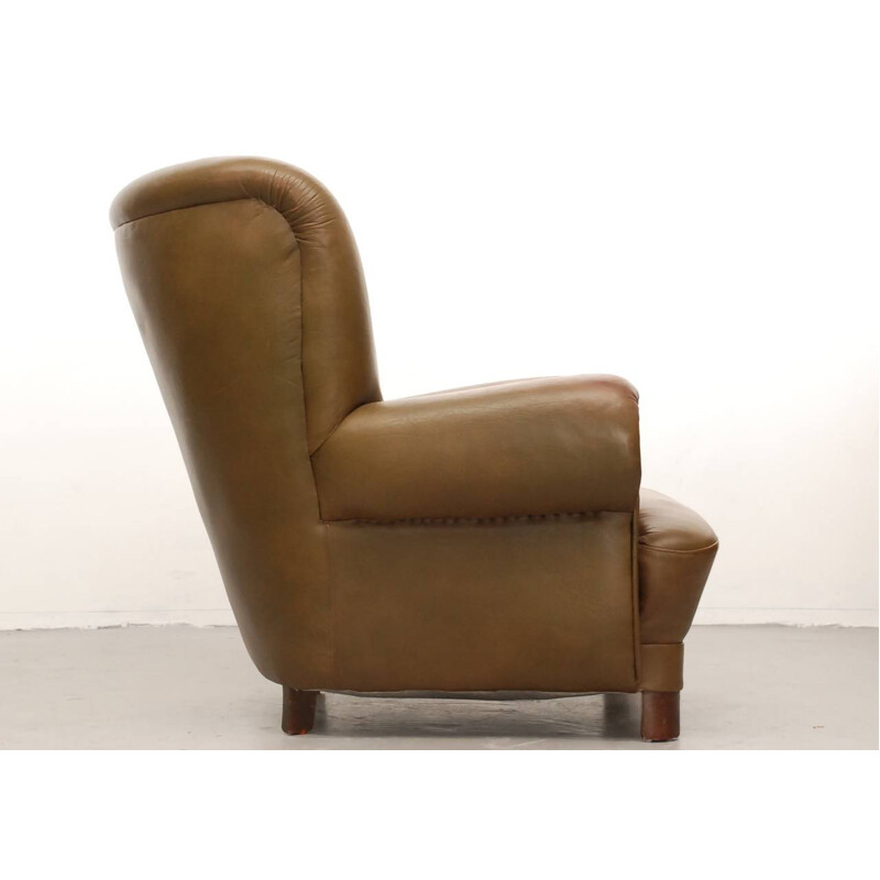 Scandinavian leather and wooden armchair - 1950s