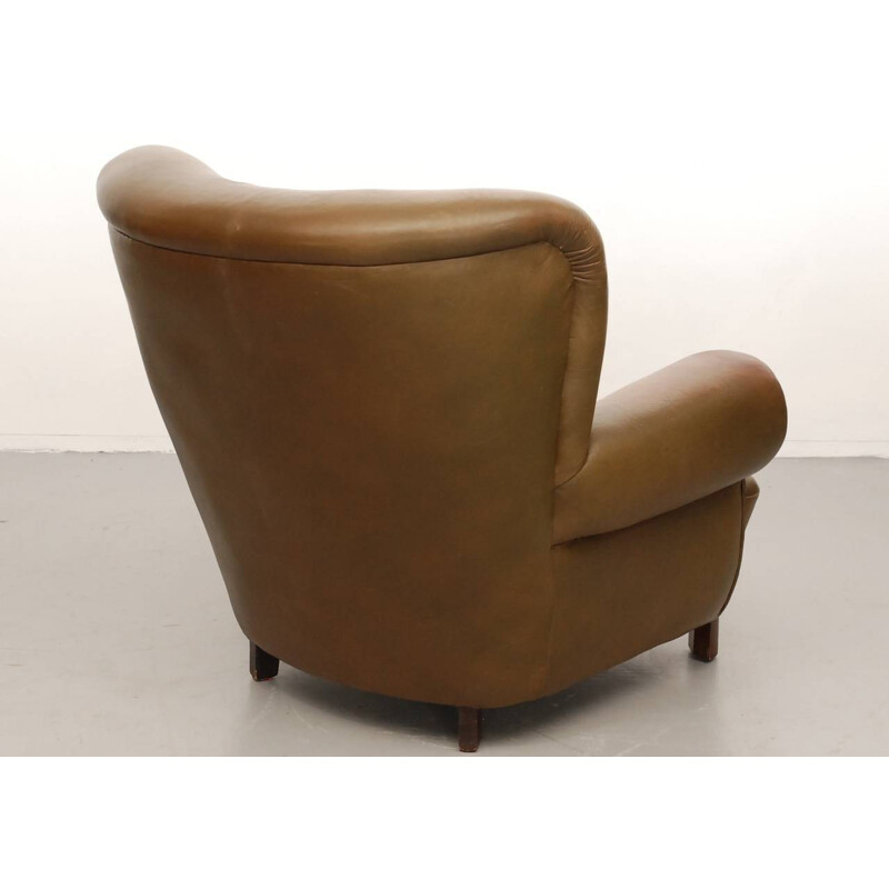 Scandinavian leather and wooden armchair - 1950s
