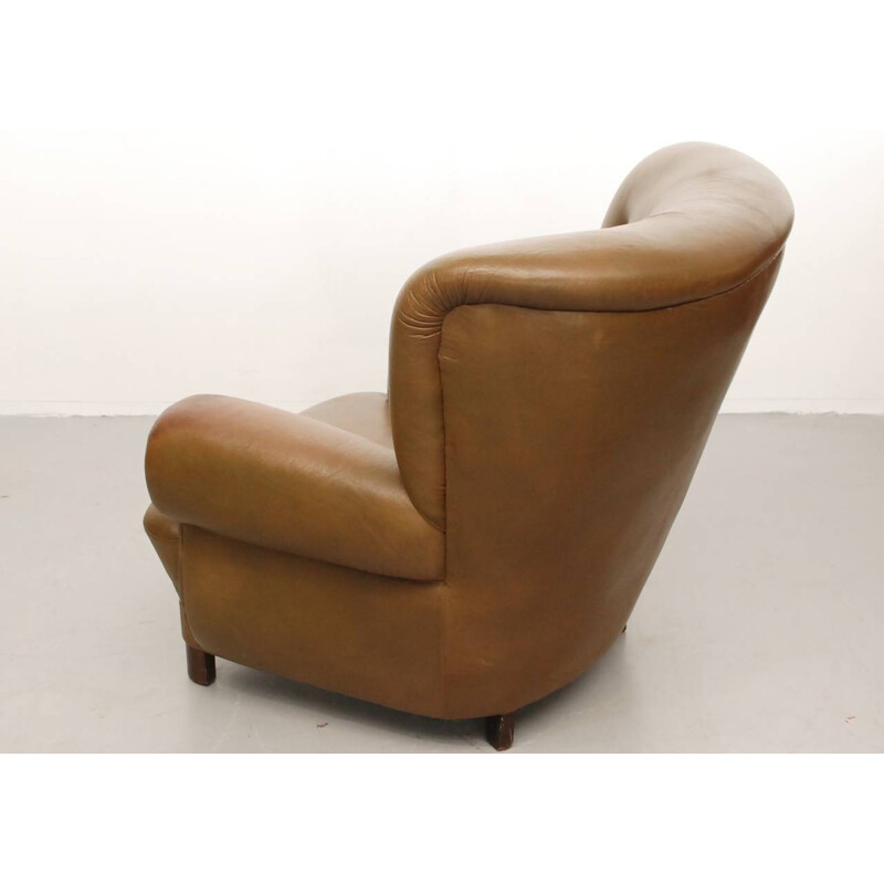 Scandinavische lederen en houten fauteuil - 1950