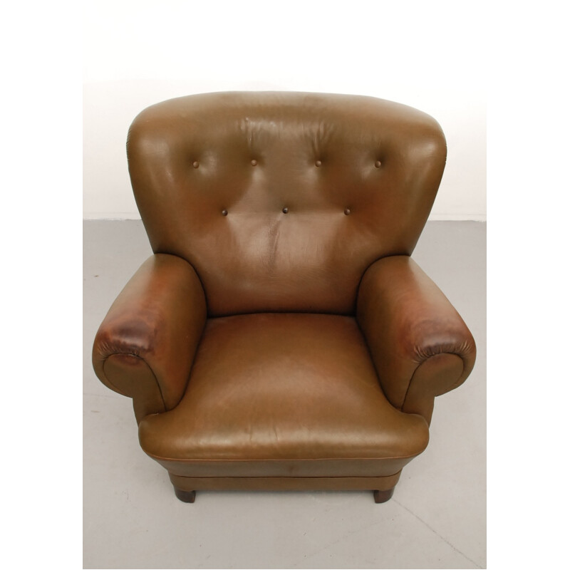 Scandinavian leather and wooden armchair - 1950s