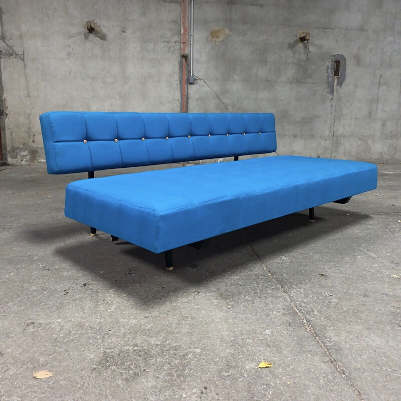 Vintage convertible sofa in blue wool and ash by André Simard