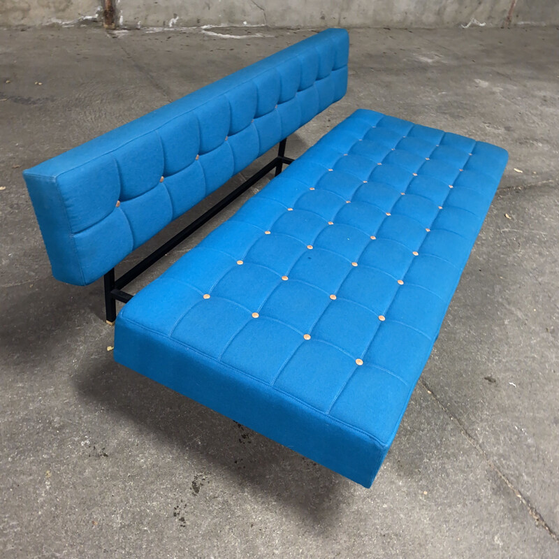 Vintage convertible sofa in blue wool and ash by André Simard