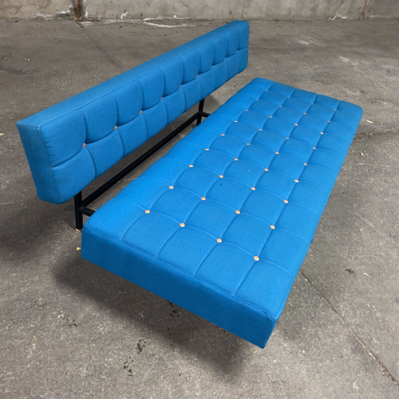 Vintage-Cabrio-Sofa in blauer Wolle und Esche von André Simard