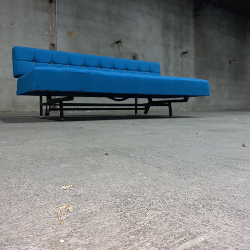 Vintage convertible sofa in blue wool and ash by André Simard