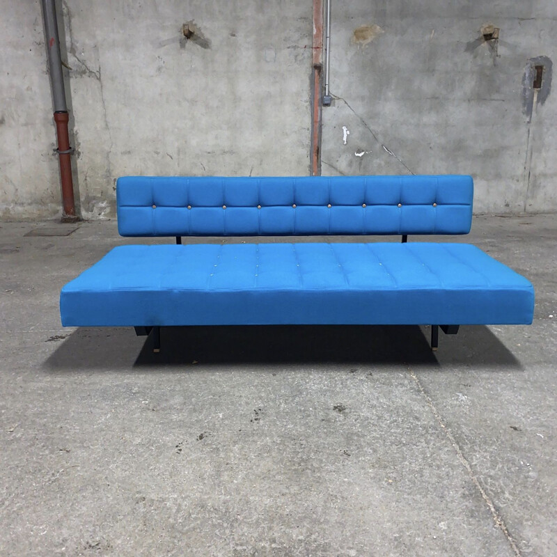 Vintage convertible sofa in blue wool and ash by André Simard