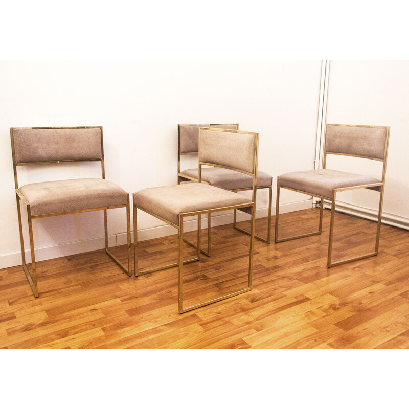 Set of 4 brass and cream suede dining chairs, 1970s