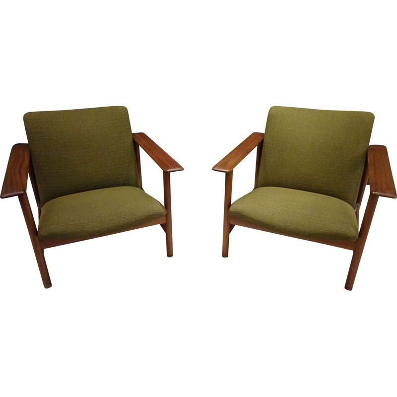 Pair of vintage Scandinavian armchairs in green fabric 