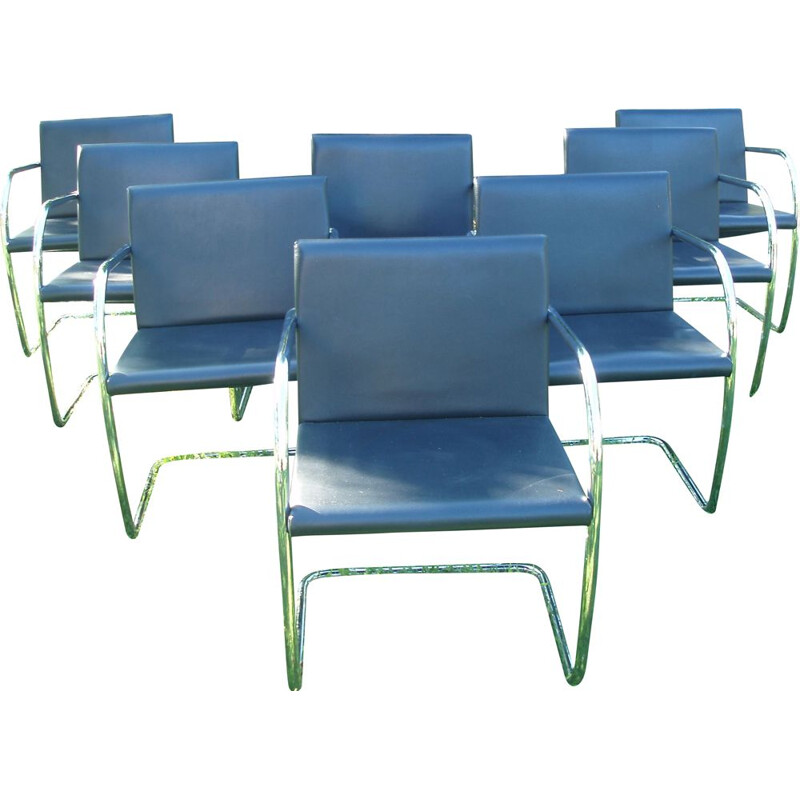 Set of 8 vintage chairs in leather and blue chrome