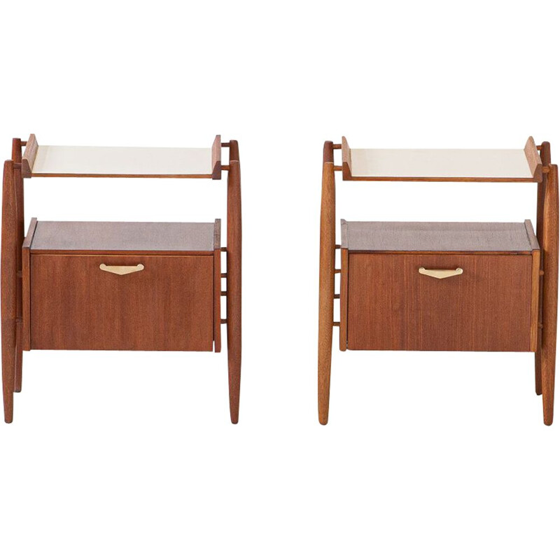 Pair of Teak and brass Bedside Tables, Italy, 1950s