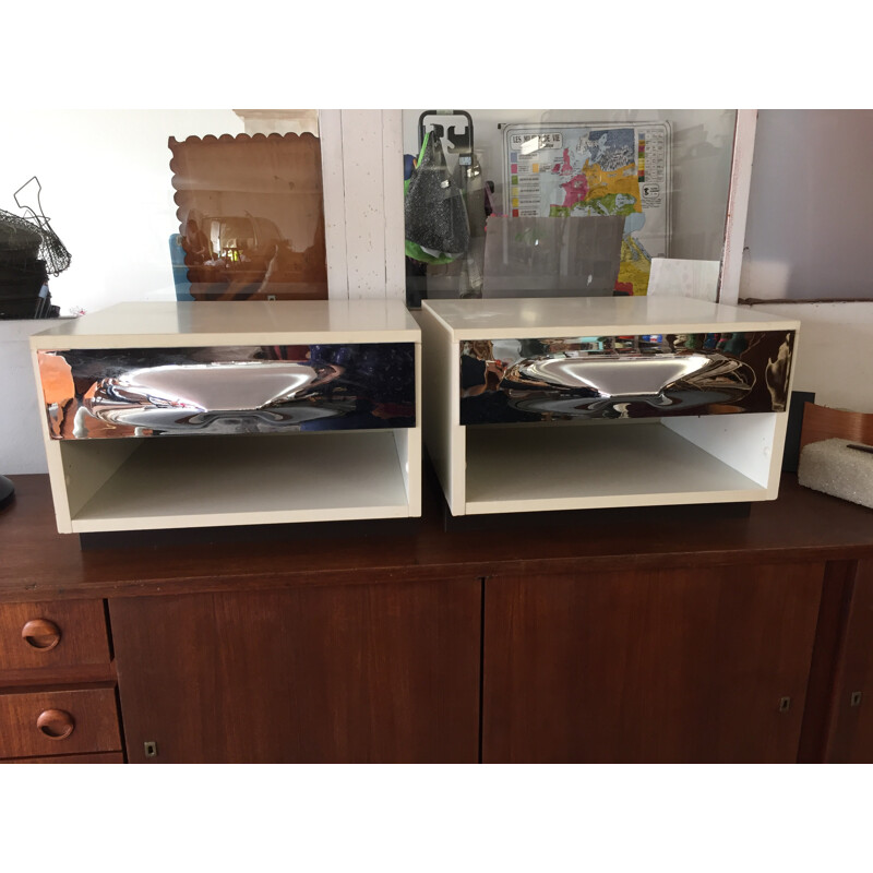 Vintage pair of bedside in white melamine and chromium, Raymond LOEWY - 1960