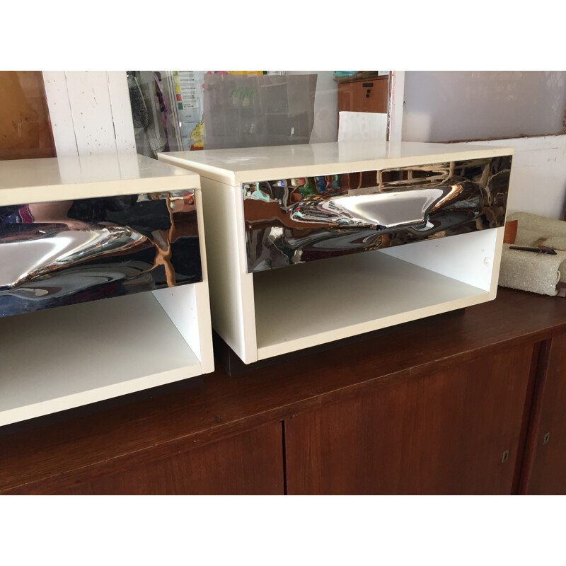 Vintage pair of bedside in white melamine and chromium, Raymond LOEWY - 1960