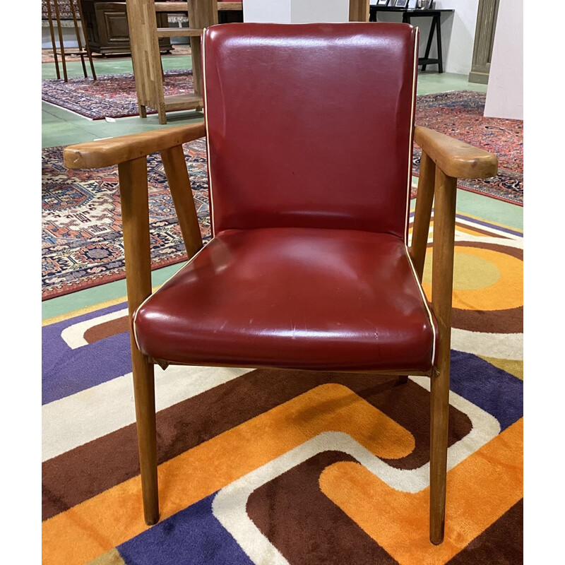 Vintage armchair with compass feet in red leatherette, 1970 