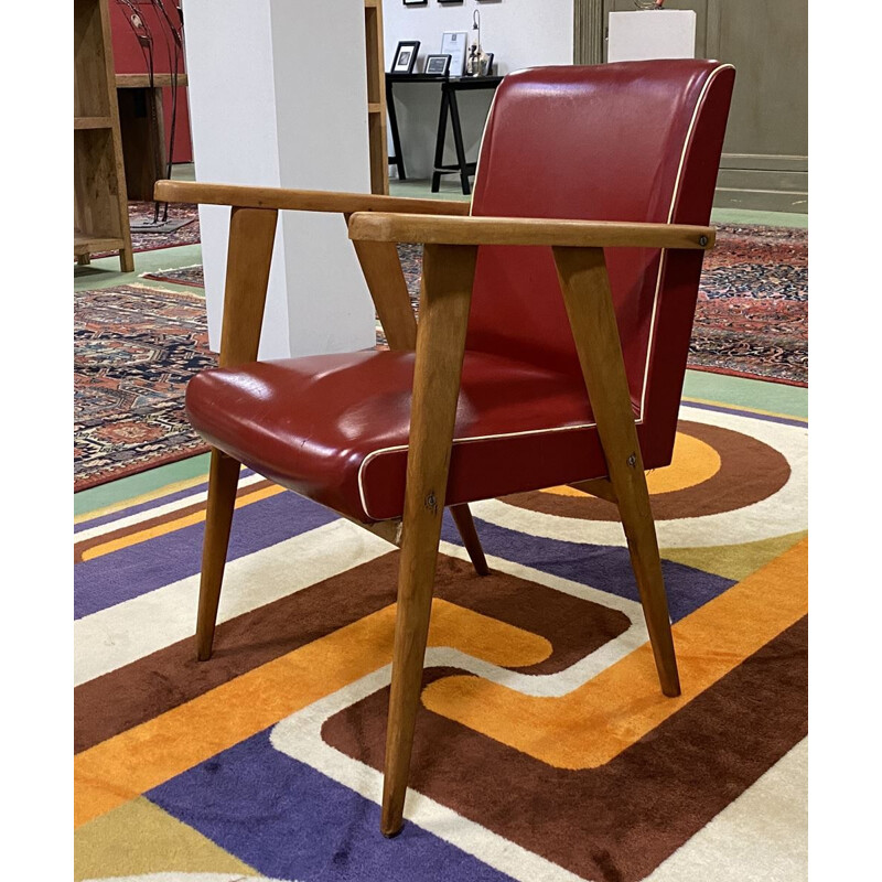 Vintage armchair with compass feet in red leatherette, 1970 