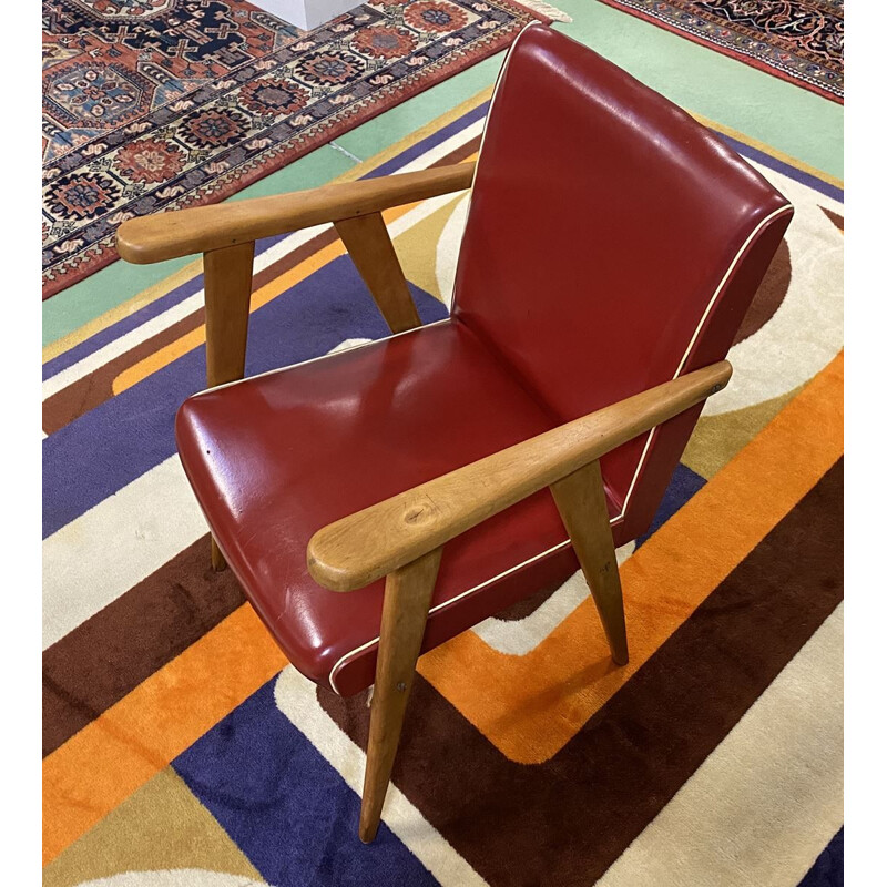 Vintage armchair with compass feet in red leatherette, 1970 