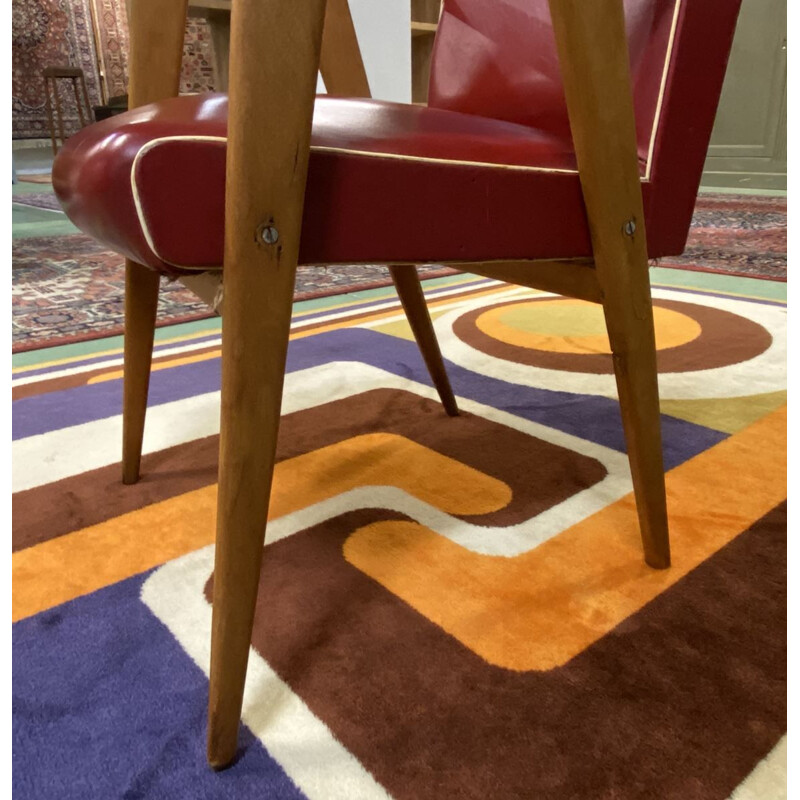 Vintage armchair with compass feet in red leatherette, 1970 