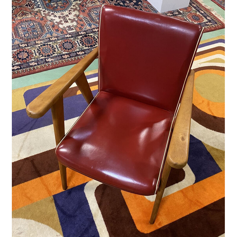 Vintage armchair with compass feet in red leatherette, 1970 