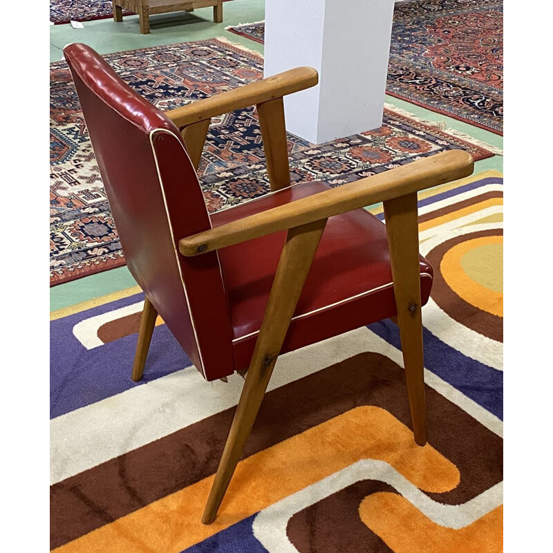 Vintage armchair with compass feet in red leatherette, 1970 