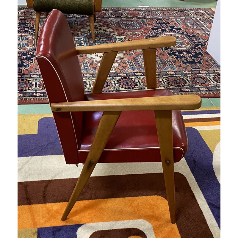 Vintage armchair with compass feet in red leatherette, 1970 