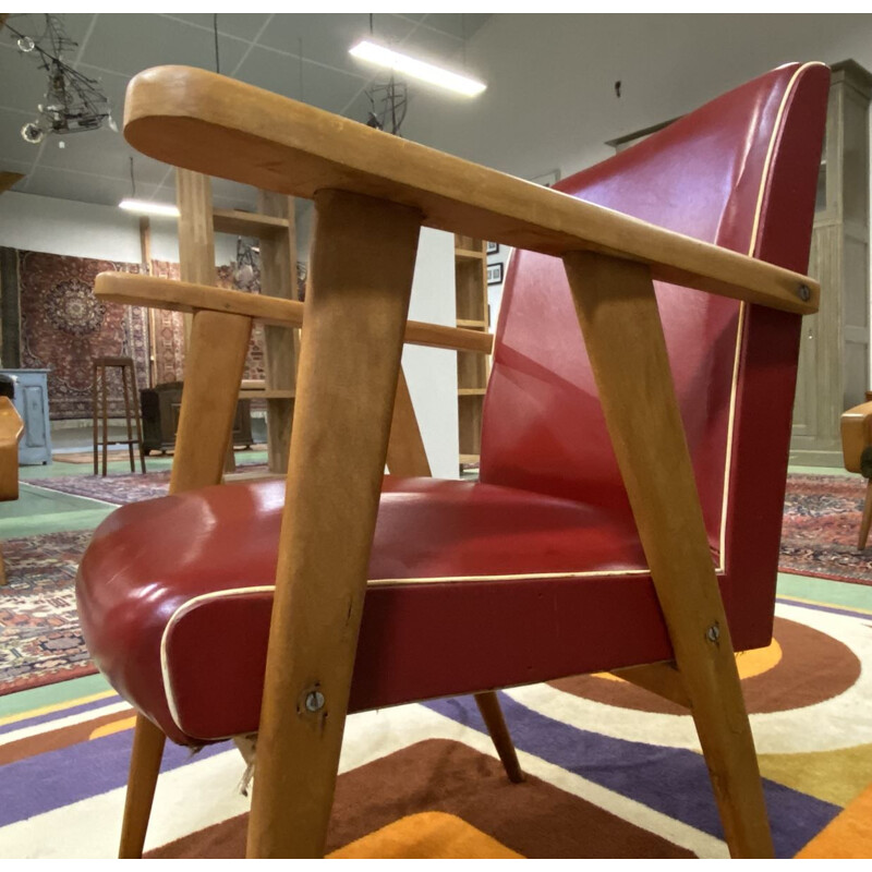 Vintage armchair with compass feet in red leatherette, 1970 