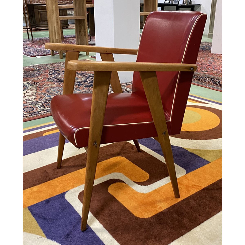 Vintage armchair with compass feet in red leatherette, 1970 