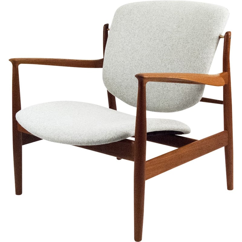  France & Son Danish "FD-136" lounge chair in teak, wool and brass, Finn JUHL - 1950s
