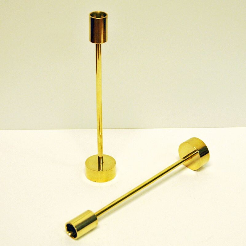 Scandinavian Pair of long Classic Brass Candlestick Holders, 1960s