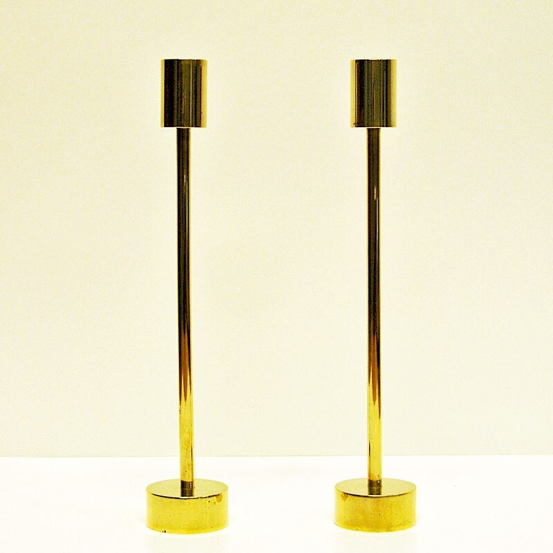 Scandinavian Pair of long Classic Brass Candlestick Holders, 1960s