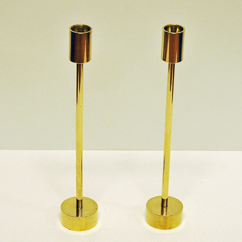 Scandinavian Pair of long Classic Brass Candlestick Holders, 1960s