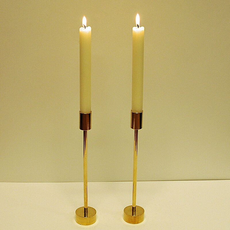 Scandinavian Pair of long Classic Brass Candlestick Holders, 1960s