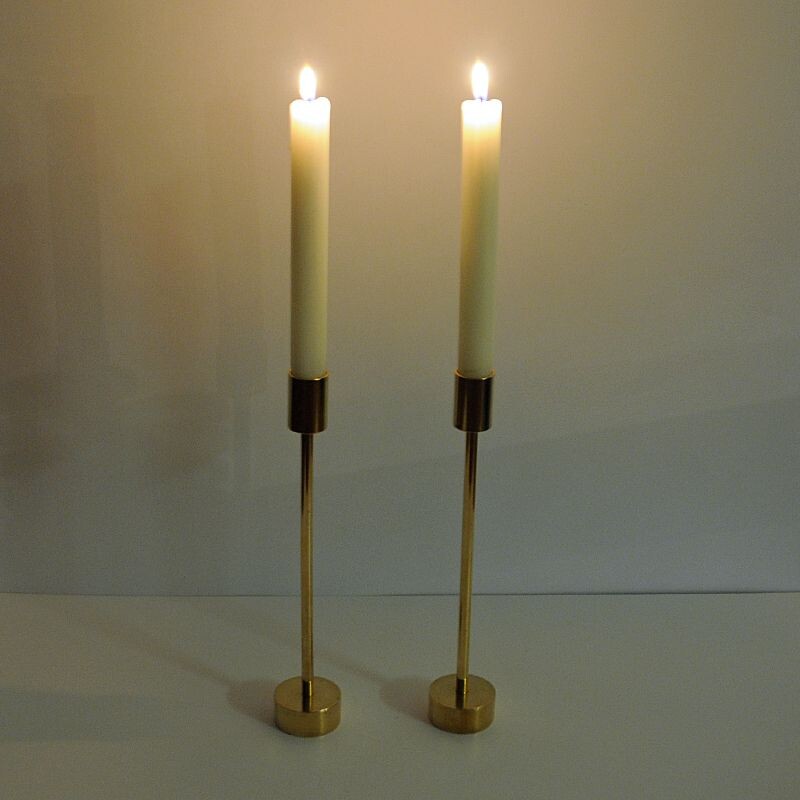 Scandinavian Pair of long Classic Brass Candlestick Holders, 1960s