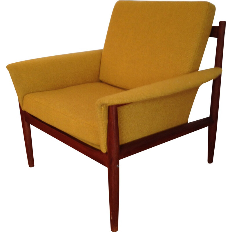 France & Son vintage Scandinavian armchair in yellow fabric, Grete JALK - 1950s