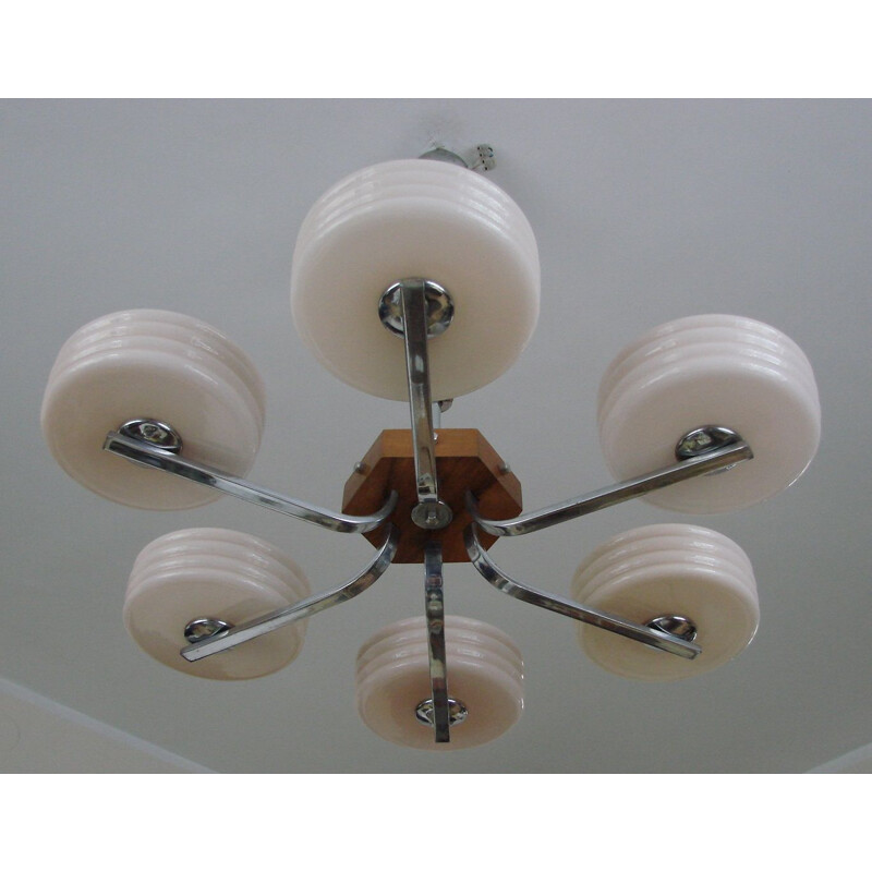 Vintage Art Deco brass and wood chandelier with glass shade, 1930