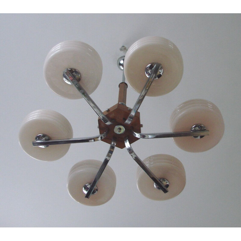 Vintage Art Deco brass and wood chandelier with glass shade, 1930