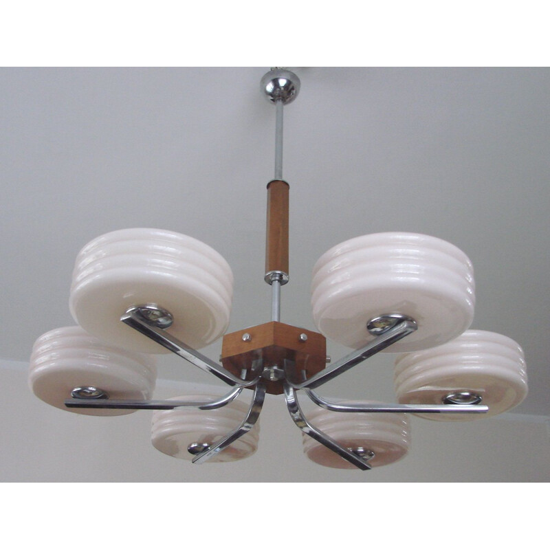 Vintage Art Deco brass and wood chandelier with glass shade, 1930