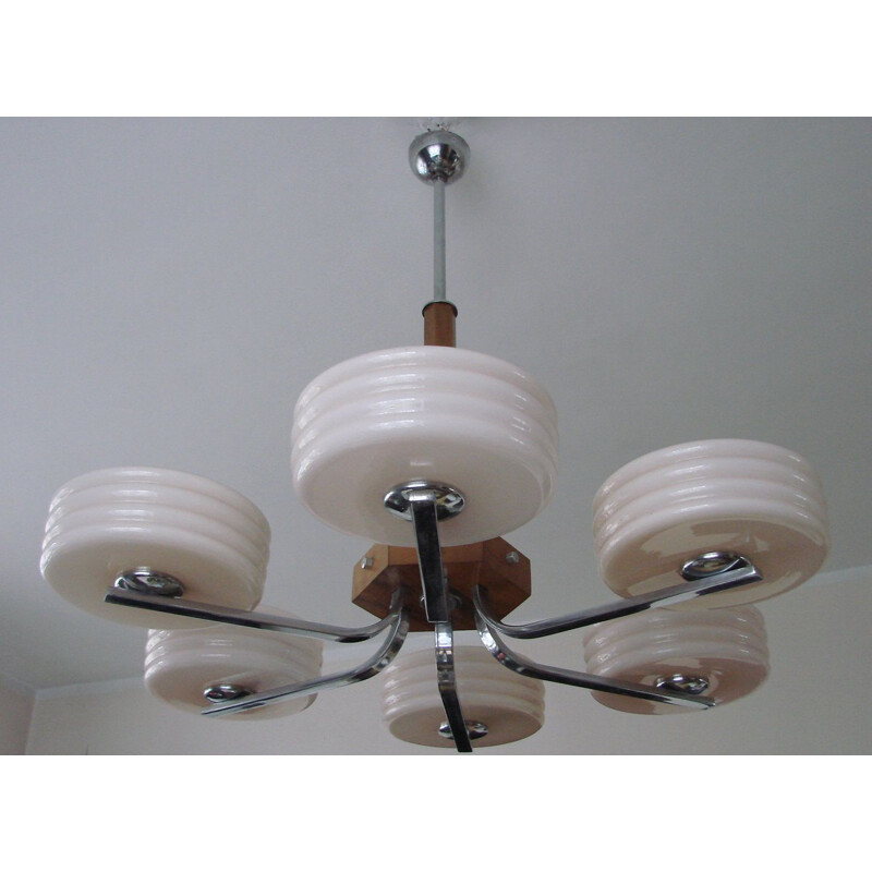 Vintage Art Deco brass and wood chandelier with glass shade, 1930