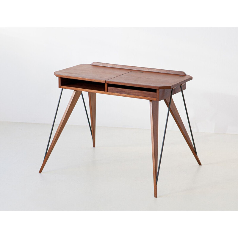 Fully Restored Italian Teak and Beech Desk Table, 1950s