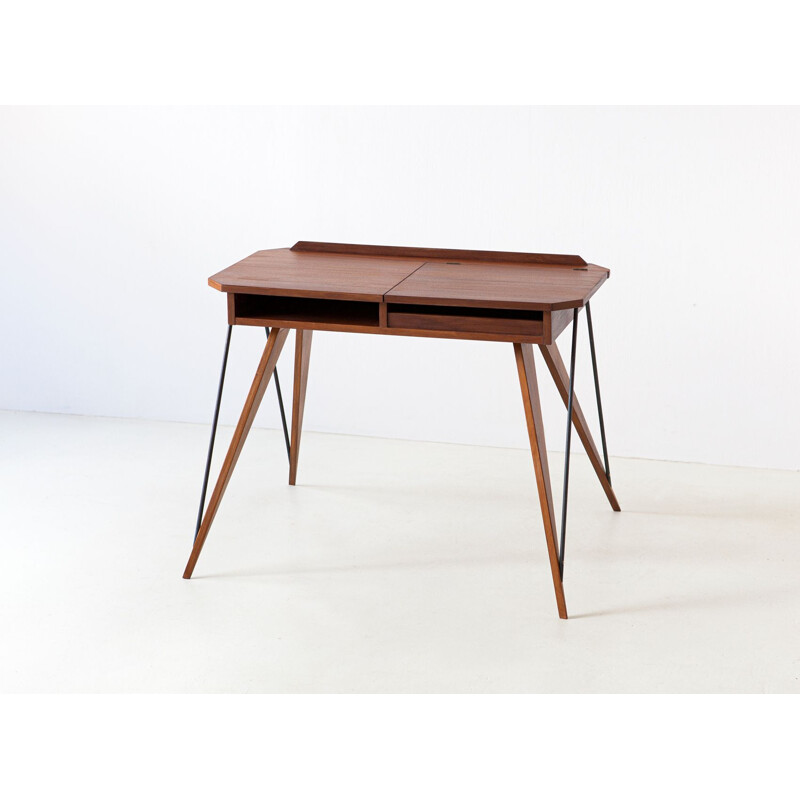 Fully Restored Italian Teak and Beech Desk Table, 1950s