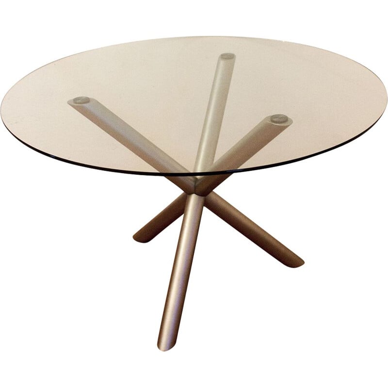 Round vintage table in smoked glass and chrome steel, Italy 1970