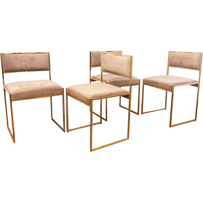 Set of 4 brass and cream suede dining chairs, 1970s