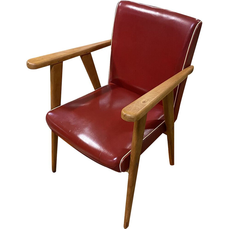 Fauteuil vintage à pieds compas en skaï rouge, 1970 