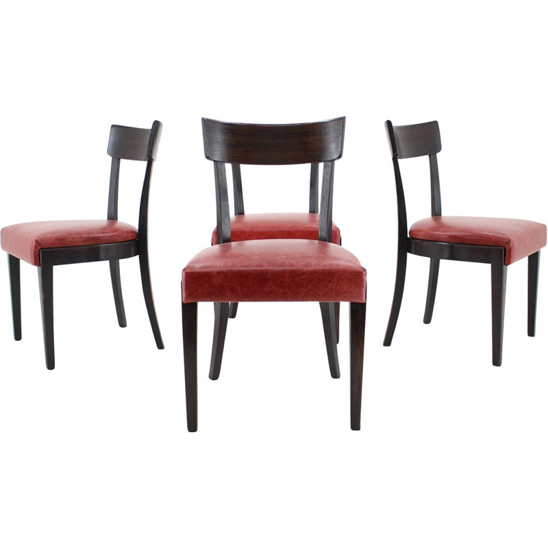 1950s Red Leather Dining Chairs for UP Czechoslovakia, Set of 4