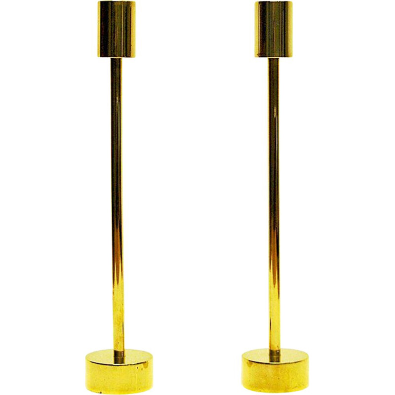 Scandinavian Pair of long Classic Brass Candlestick Holders, 1960s