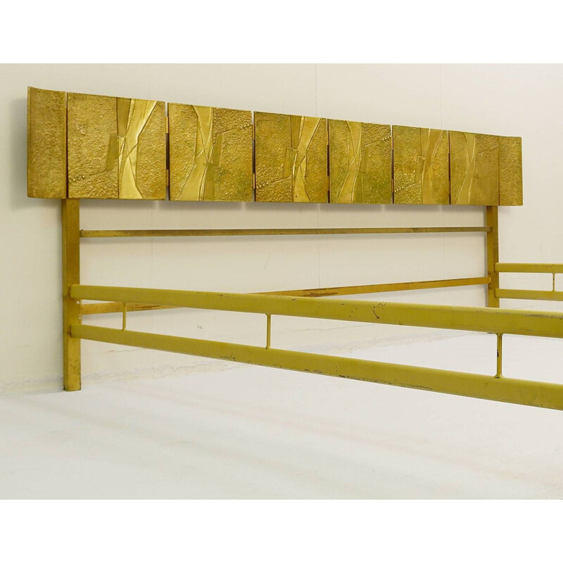 Vintage Bed By Luciano Frigerio With Moulded Bronze Panels, Italy, 1960